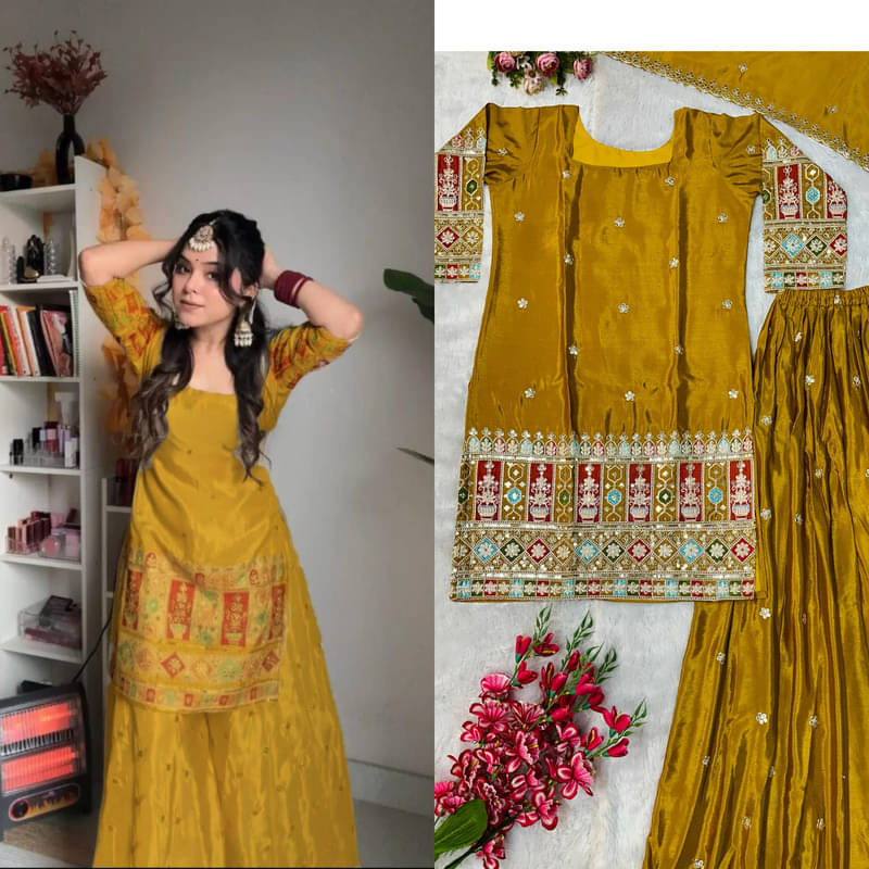BHAGYASHRAY Women Silk Blend Embroidered Straight Kurti With Palazzo ( Gold ) BHAGYASHRAY Women Silk Blend Embroidered Straight Kurti With Palazzo ( Gold )