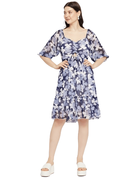     			Bitterlime Women Georgette Printed Fit & Flare Dress ( Navy Blue )