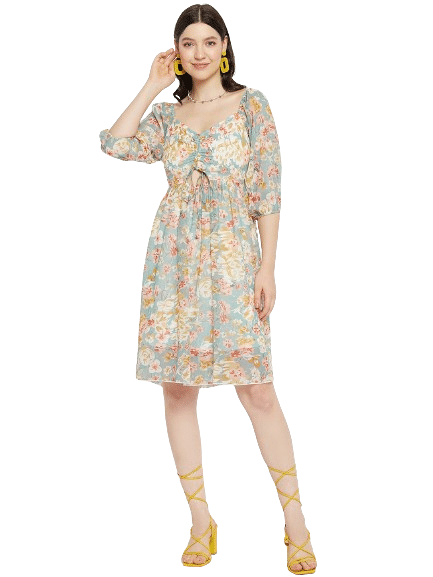 Bitterlime Women Georgette Printed Fit & Flare Dress ( Blue ) Bitterlime Women Georgette Printed Fit & Flare Dress ( Blue )