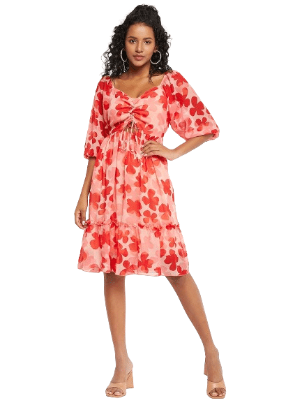 Bitterlime Women Georgette Printed Fit & Flare Dress ( Red ) Bitterlime Women Georgette Printed Fit & Flare Dress ( Red )