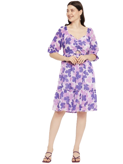    			Bitterlime Women Georgette Printed Fit & Flare Dress ( Mauve )