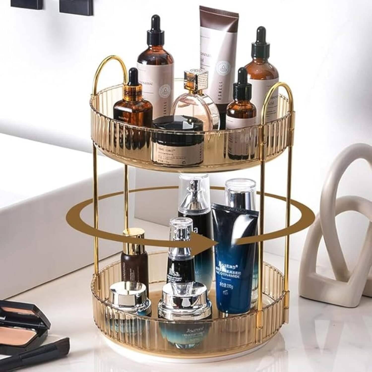     			CASSOWARY Rotating Makeup Organizer for Vanity, High-Capacity Skincare Clear Make Up Storage Perfume Organizers Cosmetic Dresser Organizer Countertop 360 Spinning (Amber Gold, 2 Tier)