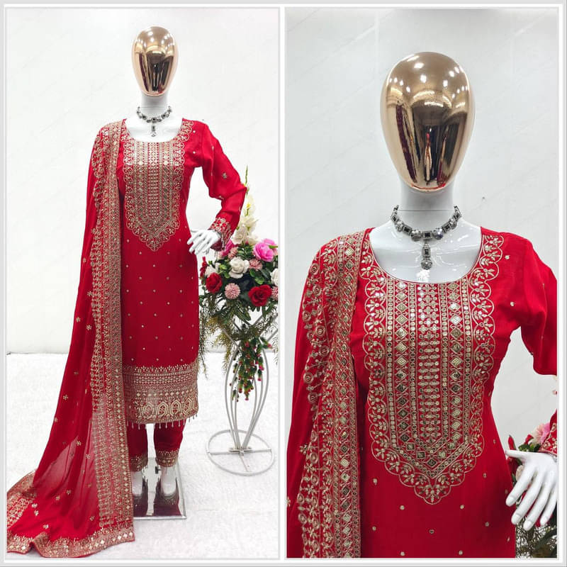 Garv Enterprises Women Chiffon Embroidered Straight Kurti With Pants ( Red ) Garv Enterprises Women Chiffon Embroidered Straight Kurti With Pants ( Red )