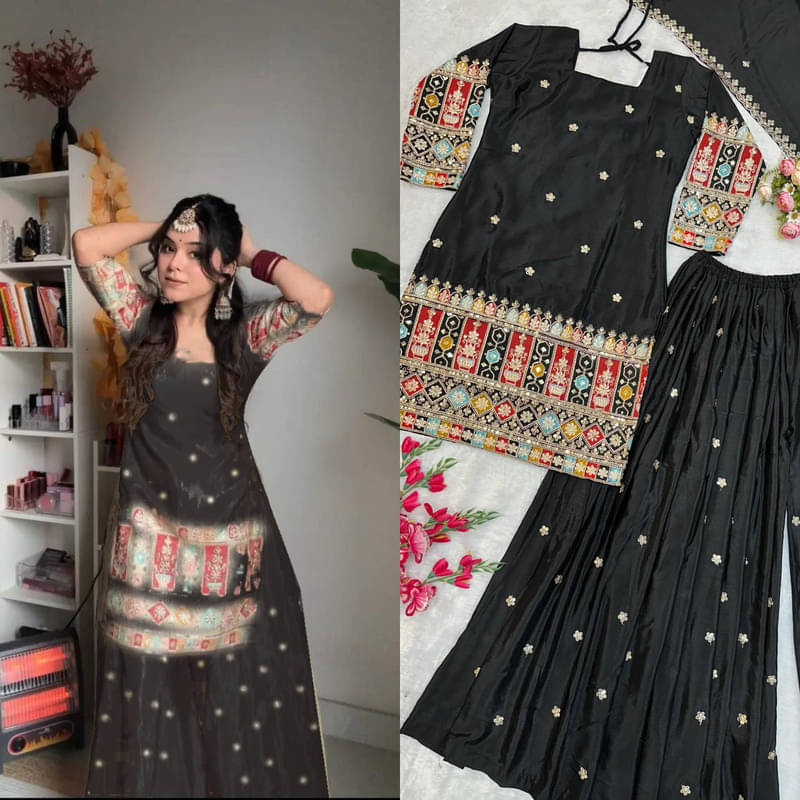 Garv Enterprises Women Silk Embroidered Straight Kurti With Sharara And Gharara ( Black ) Garv Enterprises Women Silk Embroidered Straight Kurti With Sharara And Gharara ( Black )