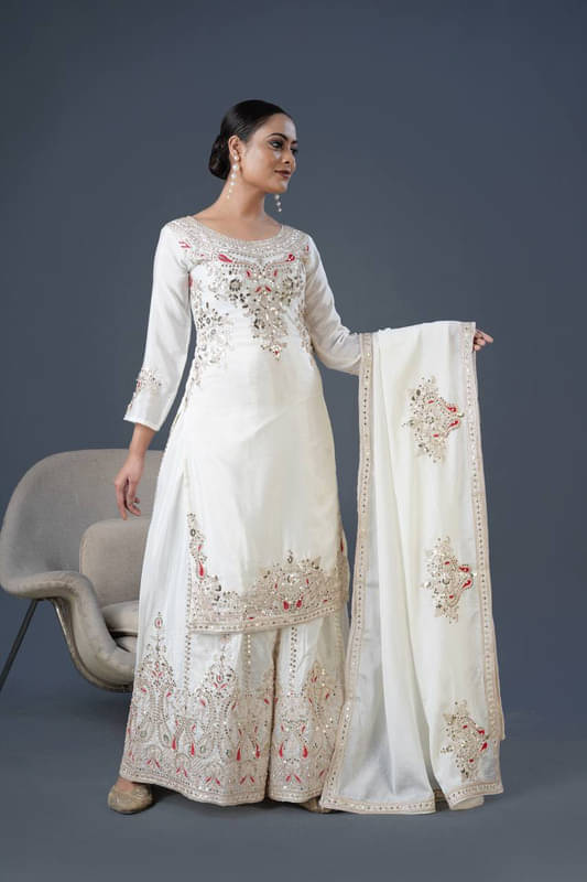     			Garv Enterprises Women Silk Embroidered Straight Kurti With Sharara And Gharara ( Off White )