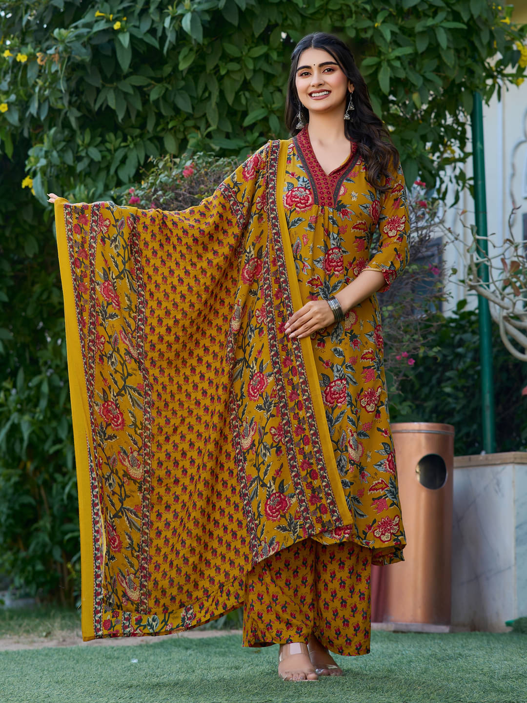     			Jinal Creation Women Rayon Self Design Anarkali Kurti With Palazzo ( Yellow )