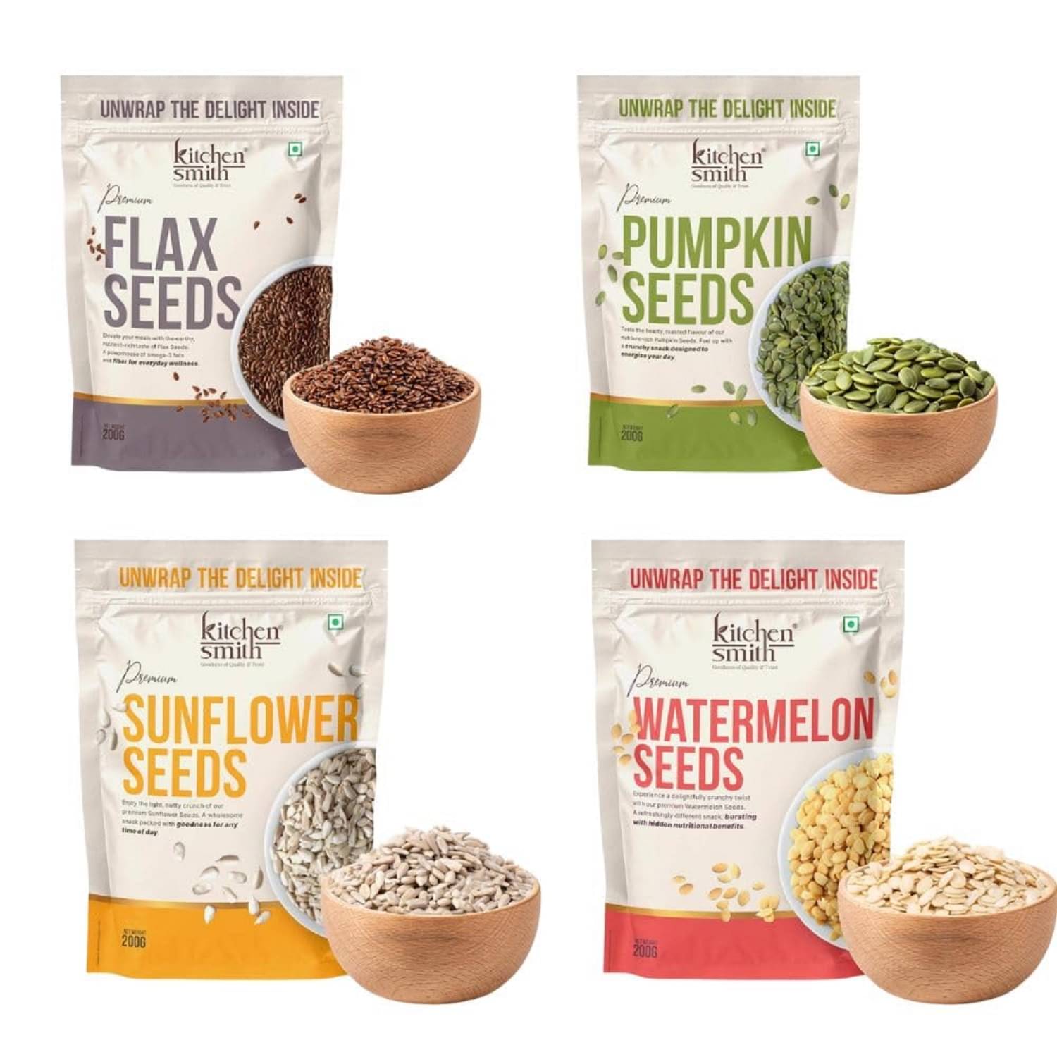     			Kitchensmith Mixed Seeds Flax, Pumpkin, Sunflower & Watermelon Seeds 200Gm Each (Pack of 4)
