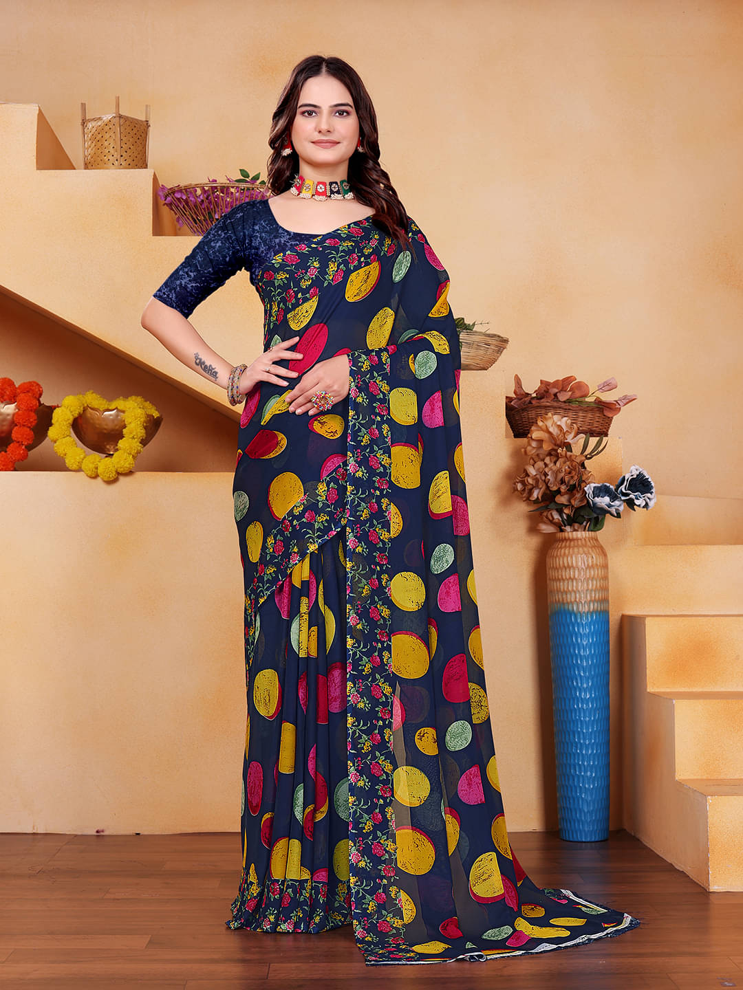 Kanooda Prints Georgette Printed Saree With Unstitched Blouse Piece ( Blue ) Kanooda Prints Georgette Printed Saree With Unstitched Blouse Piece ( Blue )