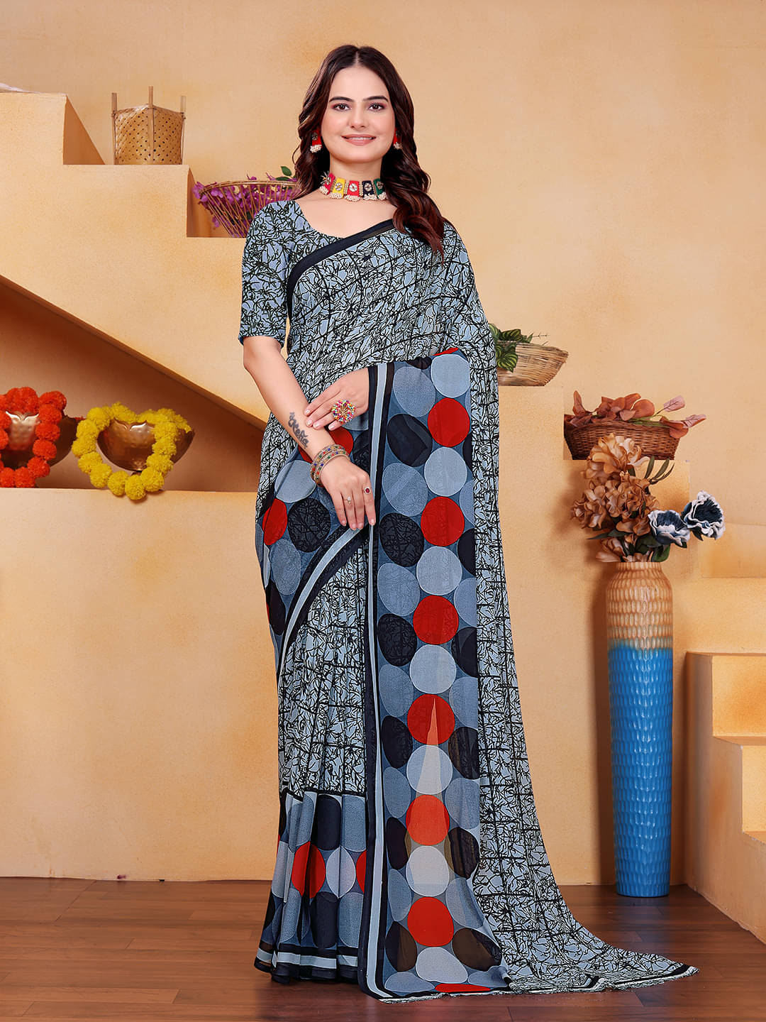     			Kanooda Prints Georgette Printed Saree With Unstitched Blouse Piece ( Grey )