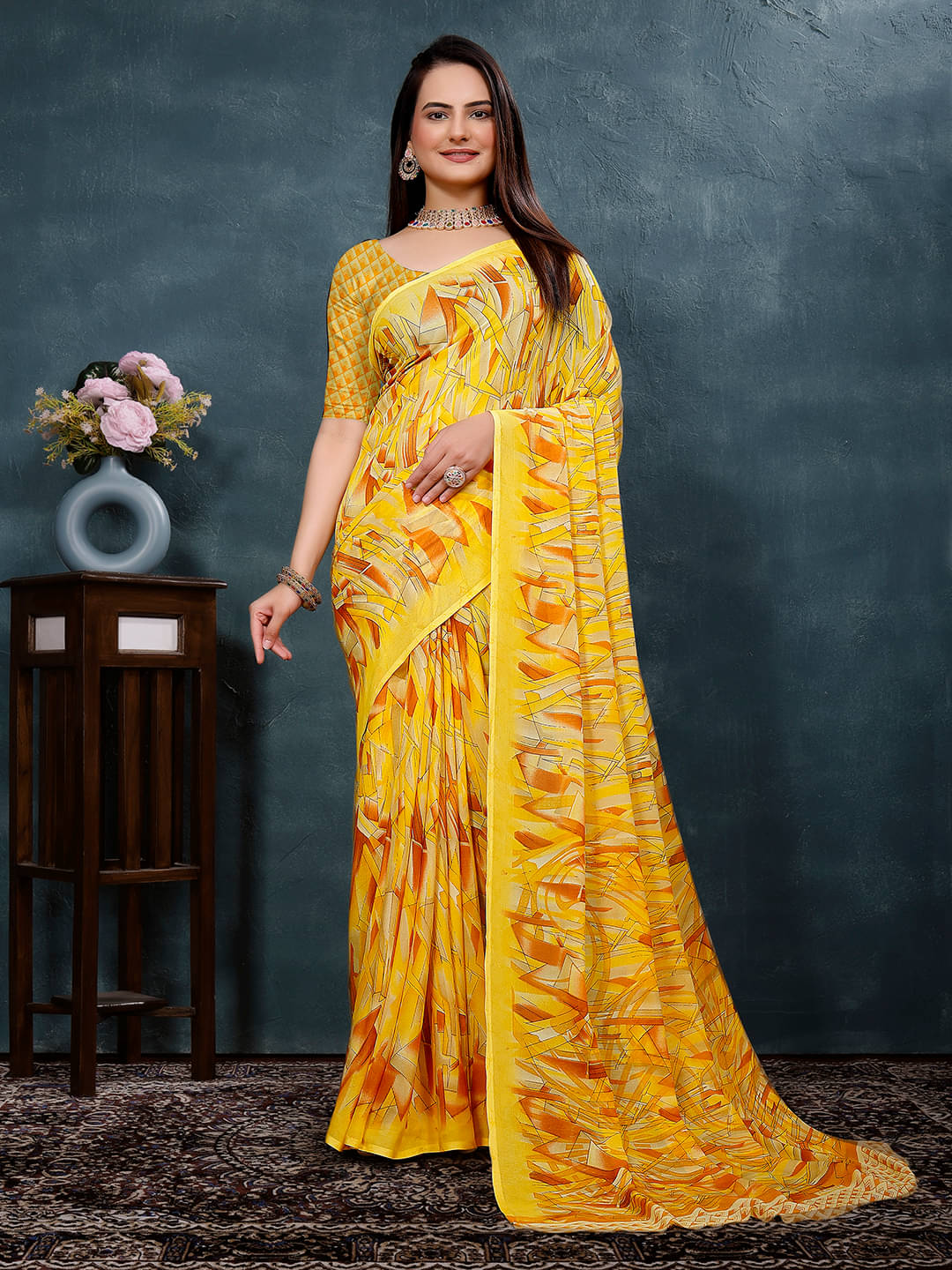     			Kanooda Prints Georgette Printed Saree With Unstitched Blouse Piece ( Yellow )