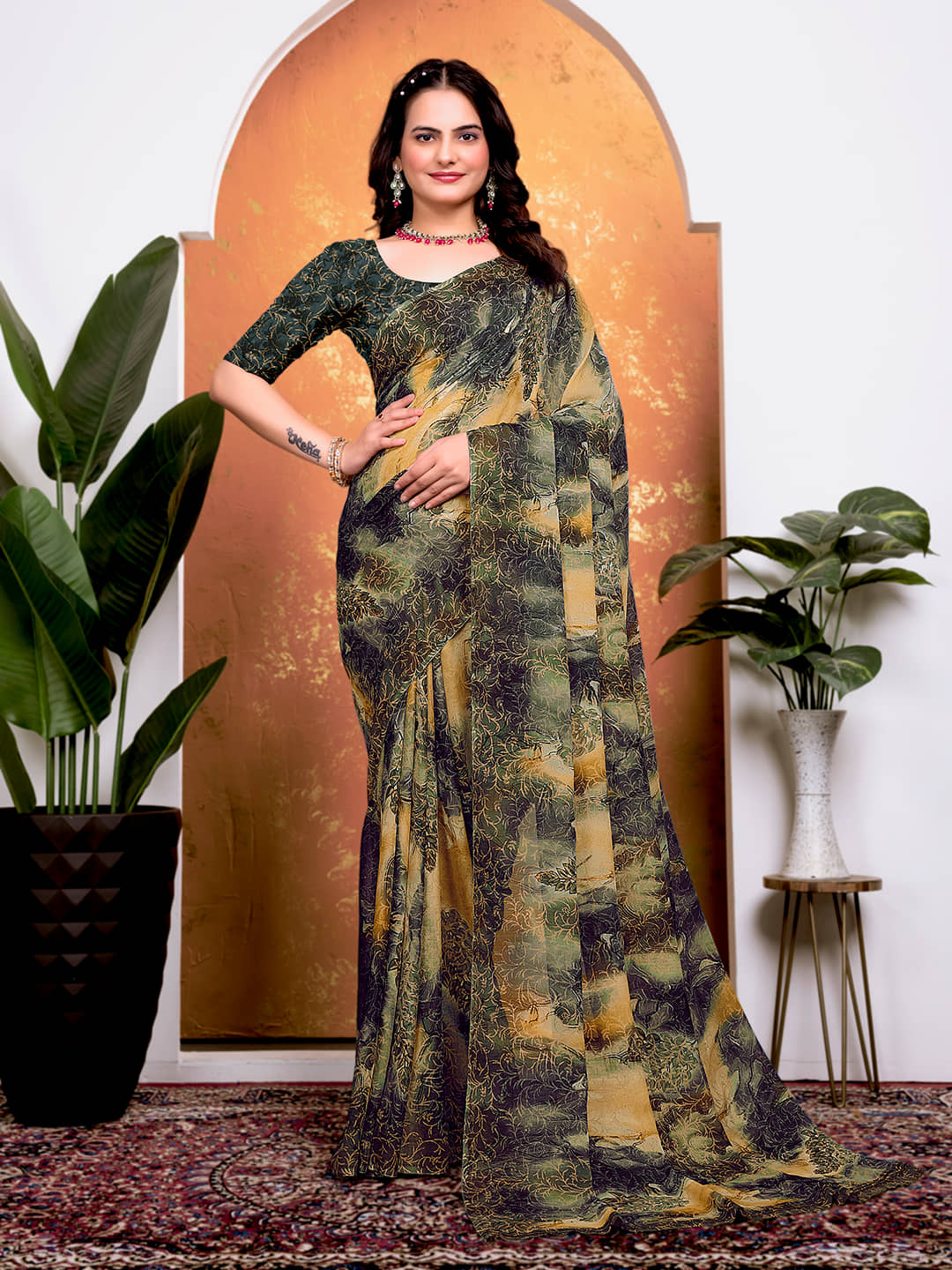 Kanooda Prints Georgette Printed Saree With Unstitched Blouse Piece ( Grey ) - Sarees | Buy online on ZillyBuy