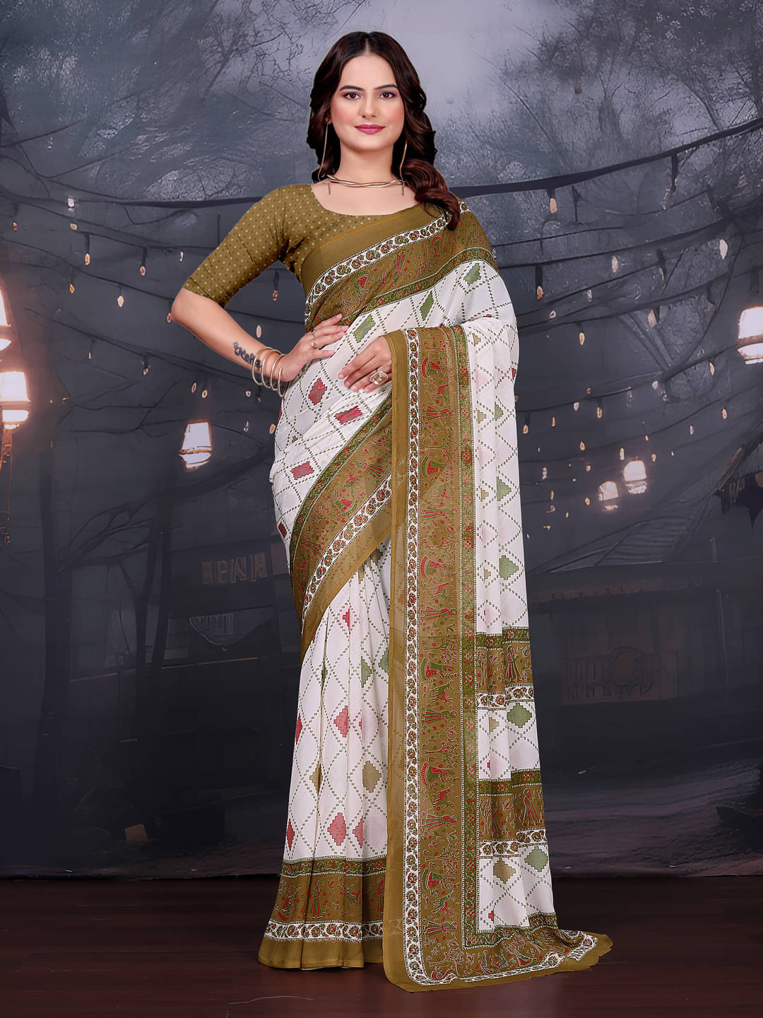     			Kanooda Prints Georgette Printed Saree With Unstitched Blouse Piece ( Brown )