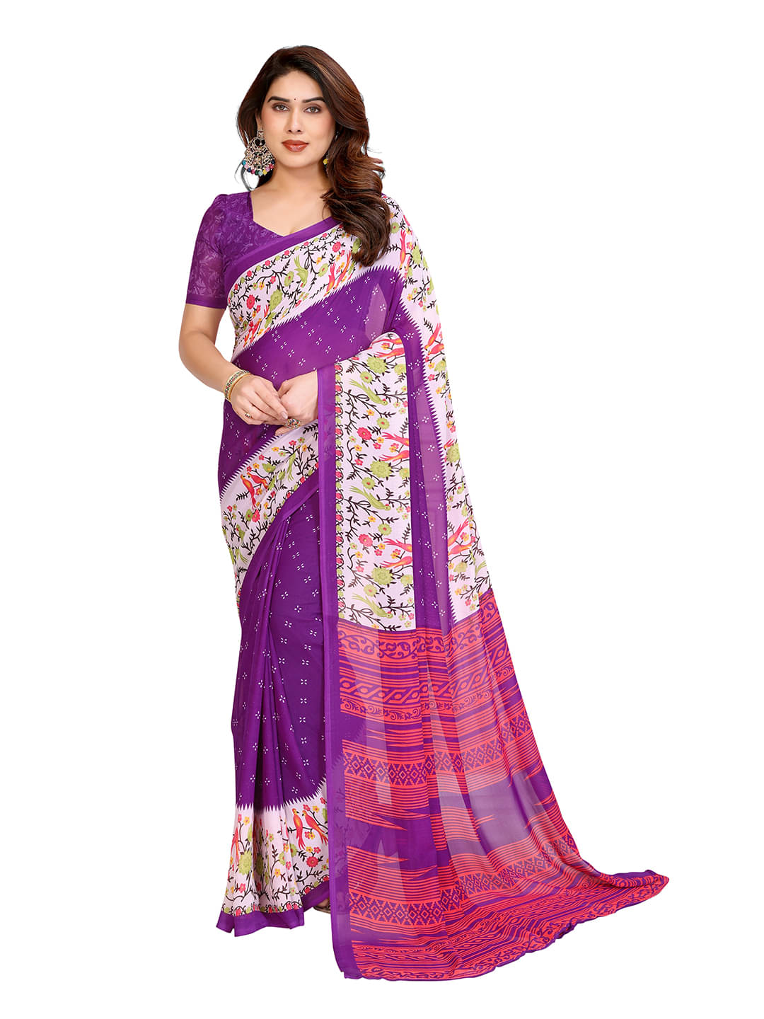     			Kashvi Sarees Georgette Printed Ilkal Saree With Unstitched Blouse Piece ( Purple )