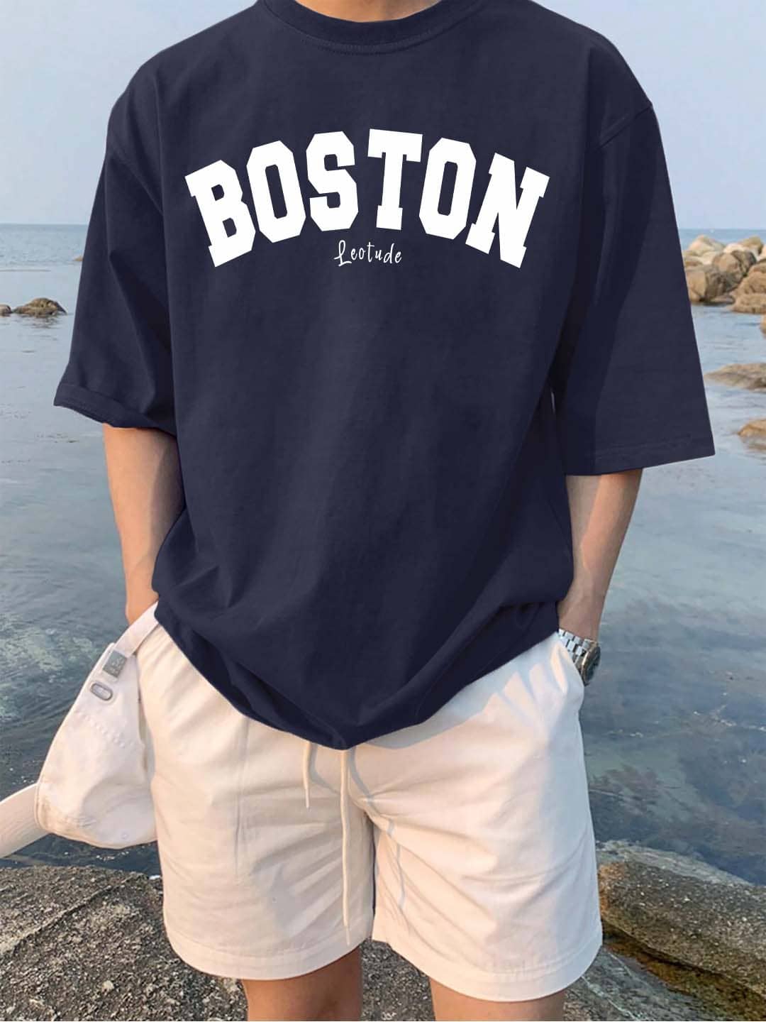 Leotude Men Cotton Blend Oversized Fit Printed T-Shirt ( Navy Blue )