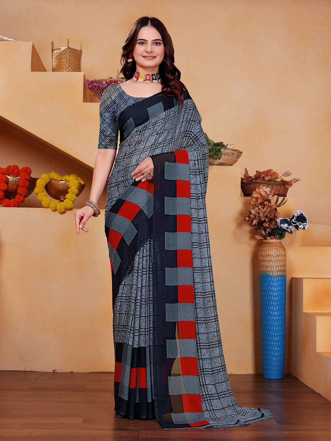 Maayro Georgette Printed Saree With Unstitched Blouse Piece ( Black ) Maayro Georgette Printed Saree With Unstitched Blouse Piece ( Black )