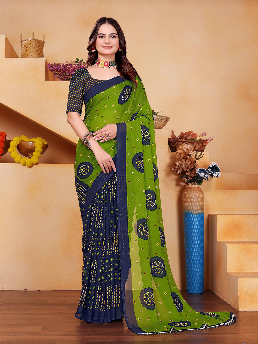     			Maayro Georgette Printed Saree With Unstitched Blouse Piece ( Dark Grey )
