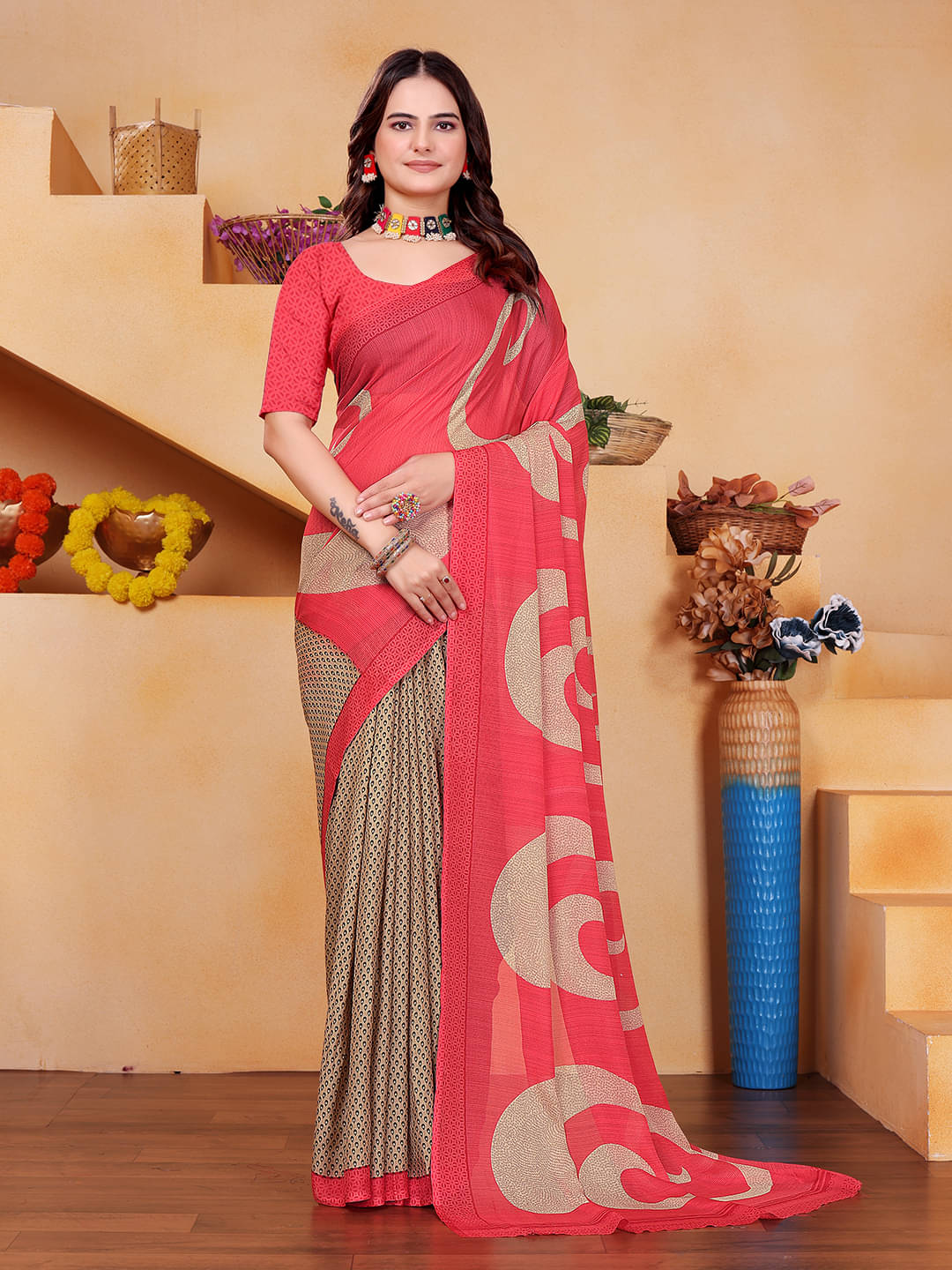 Maayro Georgette Printed Saree With Unstitched Blouse Piece ( Peach ) Maayro Georgette Printed Saree With Unstitched Blouse Piece ( Peach )
