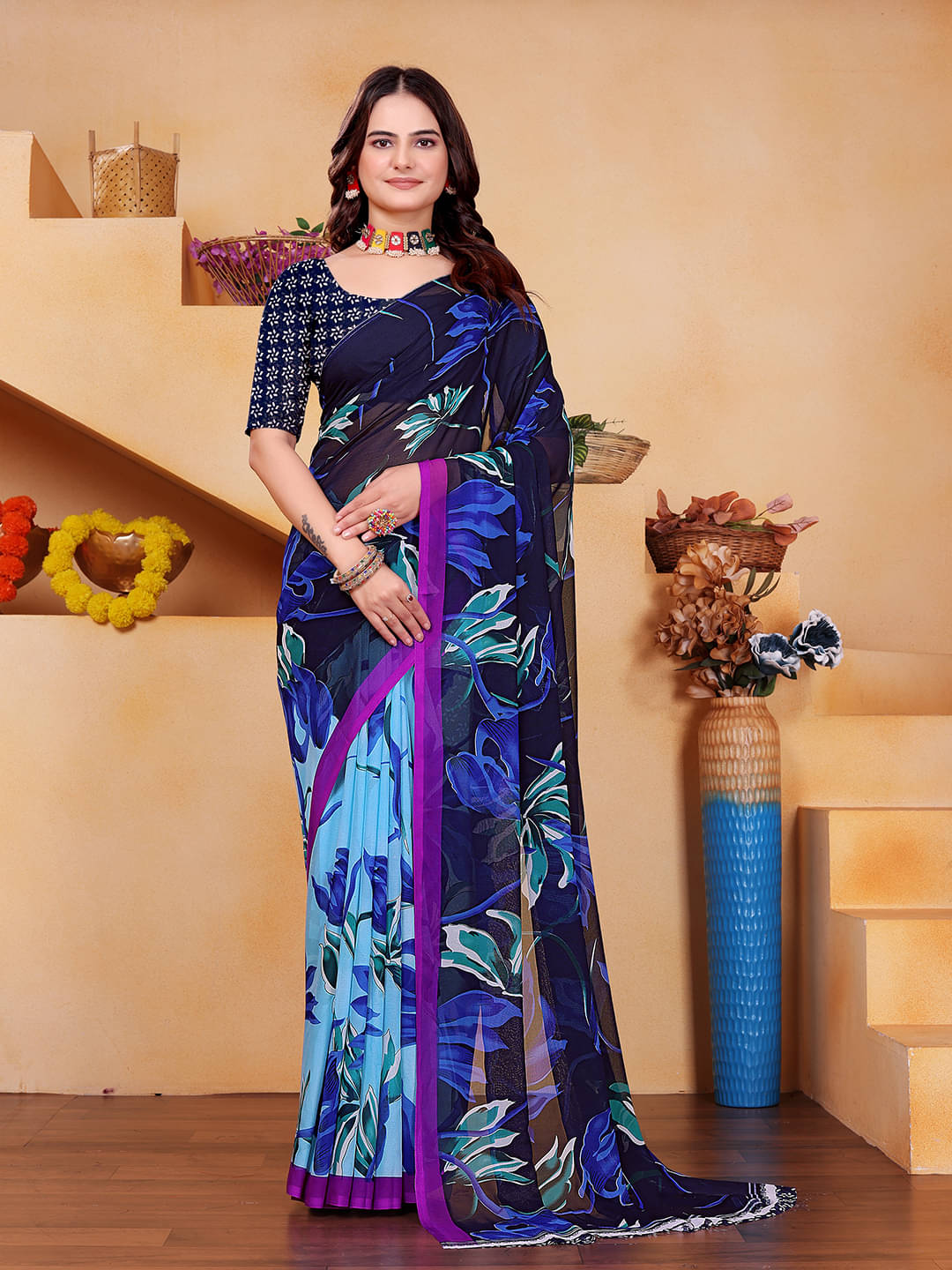 Maayro Georgette Printed Saree With Unstitched Blouse Piece ( Navy Blue ) Maayro Georgette Printed Saree With Unstitched Blouse Piece ( Navy Blue )