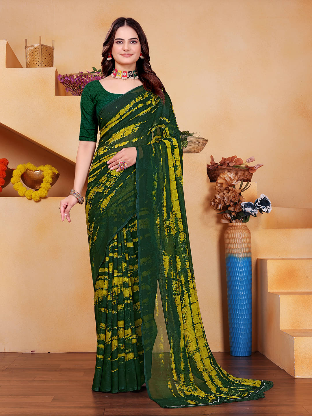     			Maayro Georgette Printed Saree With Unstitched Blouse Piece ( Green )