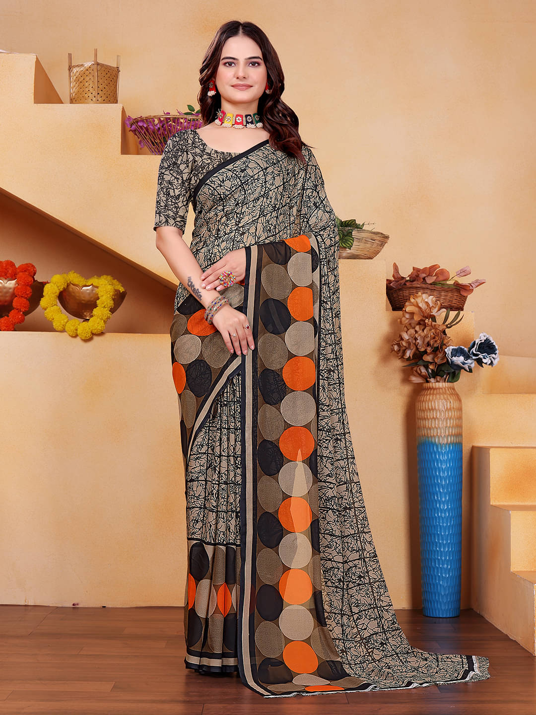     			Maayro Georgette Printed Saree With Unstitched Blouse Piece ( Orange )