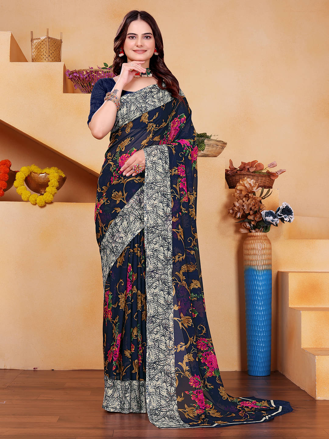 Maayro Georgette Printed Saree With Unstitched Blouse Piece ( Navy Blue ) Maayro Georgette Printed Saree With Unstitched Blouse Piece ( Navy Blue )