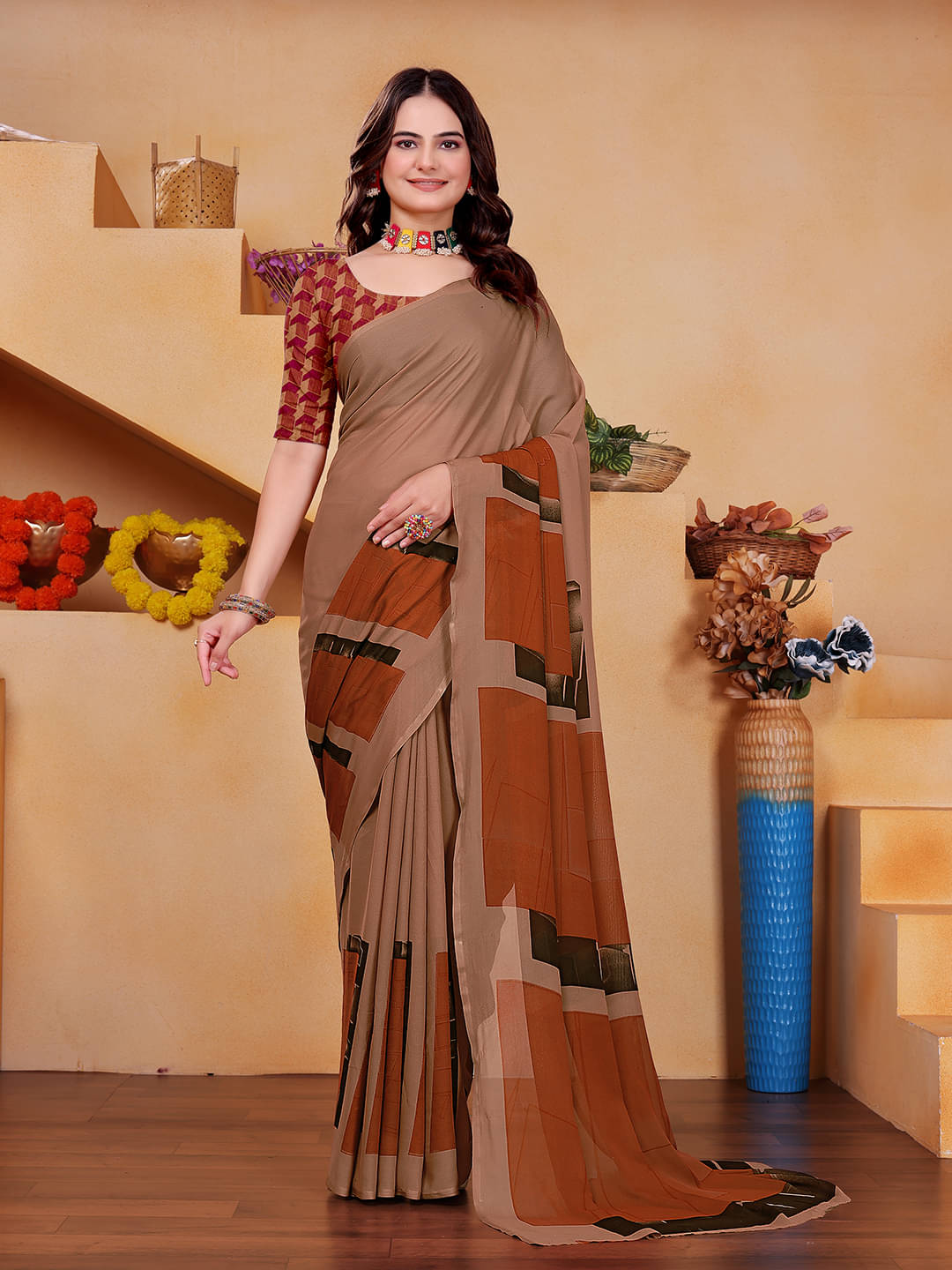 Maayro Georgette Printed Saree With Unstitched Blouse Piece ( Beige ) Maayro Georgette Printed Saree With Unstitched Blouse Piece ( Beige )