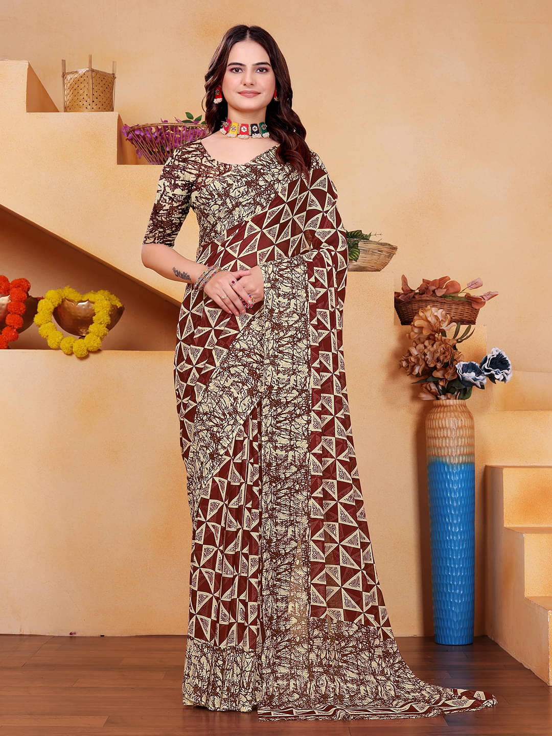     			Maayro Georgette Printed Saree With Unstitched Blouse Piece ( Blue )