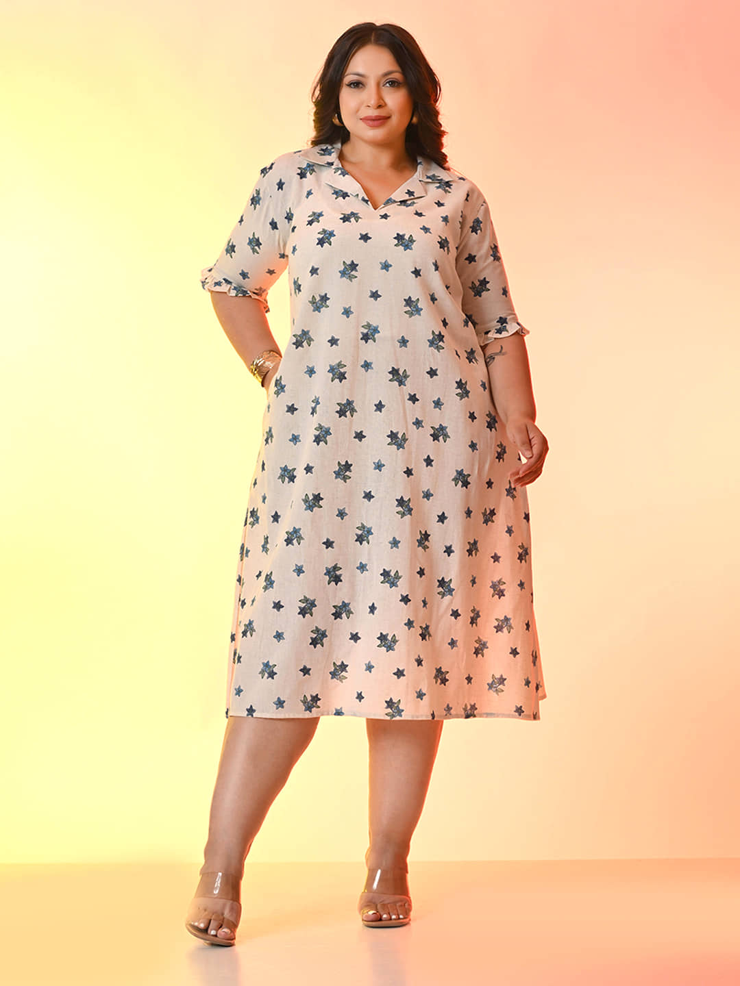 PrettyPlus by Desinoor.com Women Cotton Printed Fit & Flare Dress ( Blue )