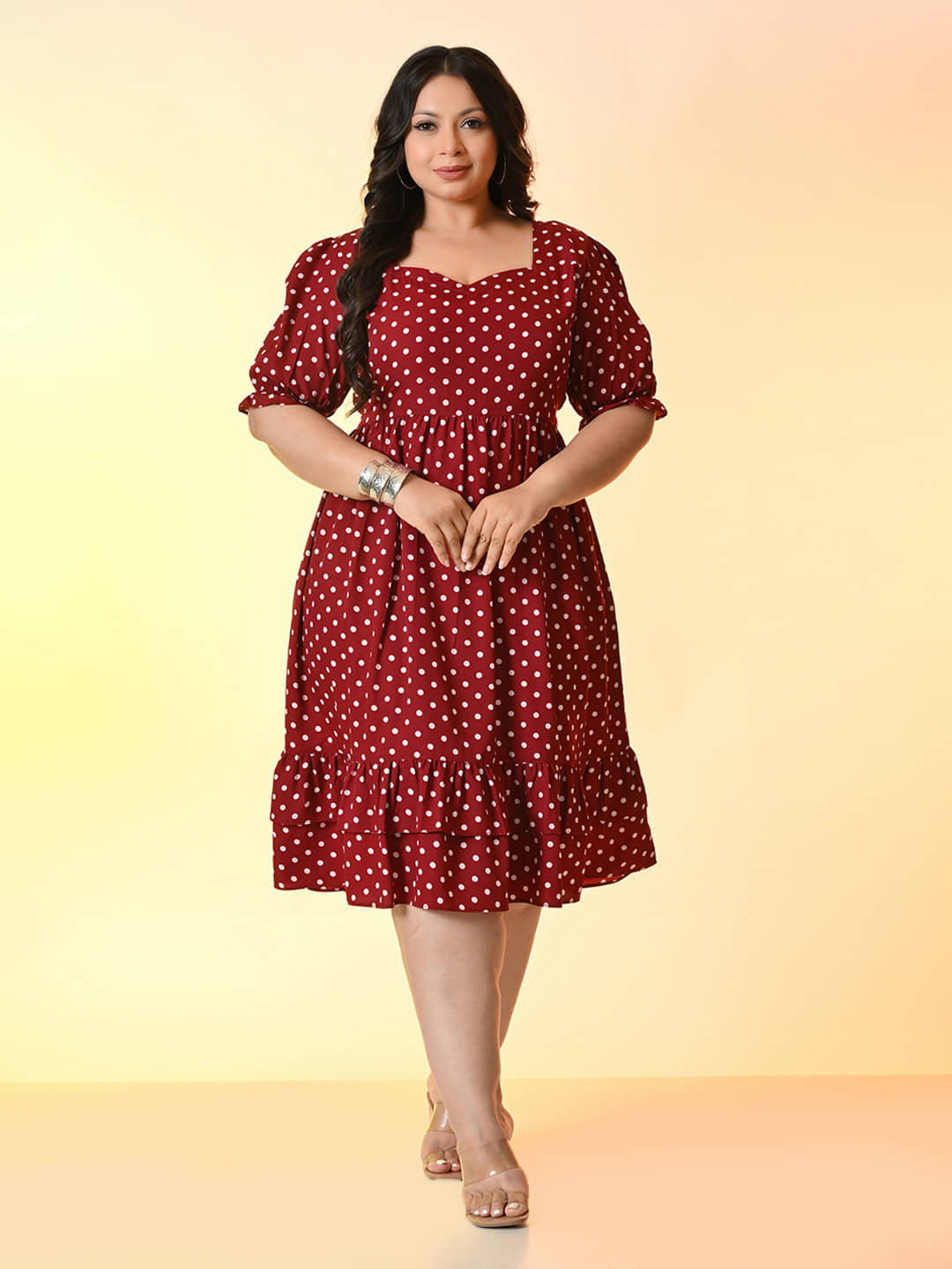 PrettyPlus by Desinoor.com Women Crepe Printed Fit & Flare Dress ( Maroon )