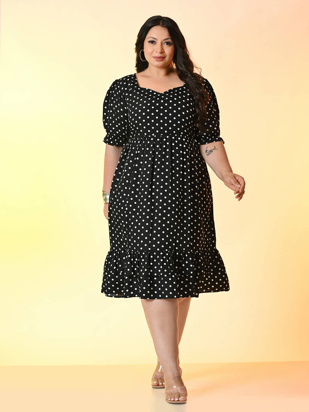 PrettyPlus by Desinoor.com Women Crepe Printed Fit & Flare Dress ( Black )