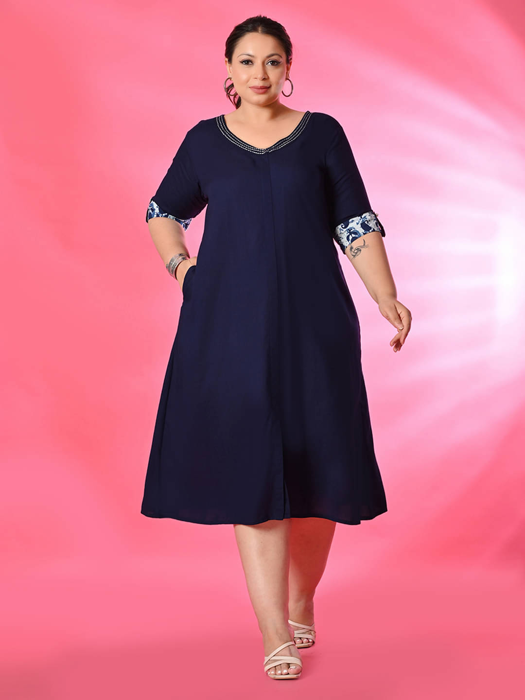 PrettyPlus by Desinoor.com Women Viscose Rayon Embellished A-line Dress ( Navy ) PrettyPlus by Desinoor.com Women Viscose Rayon Embellished A-line Dress ( Navy )