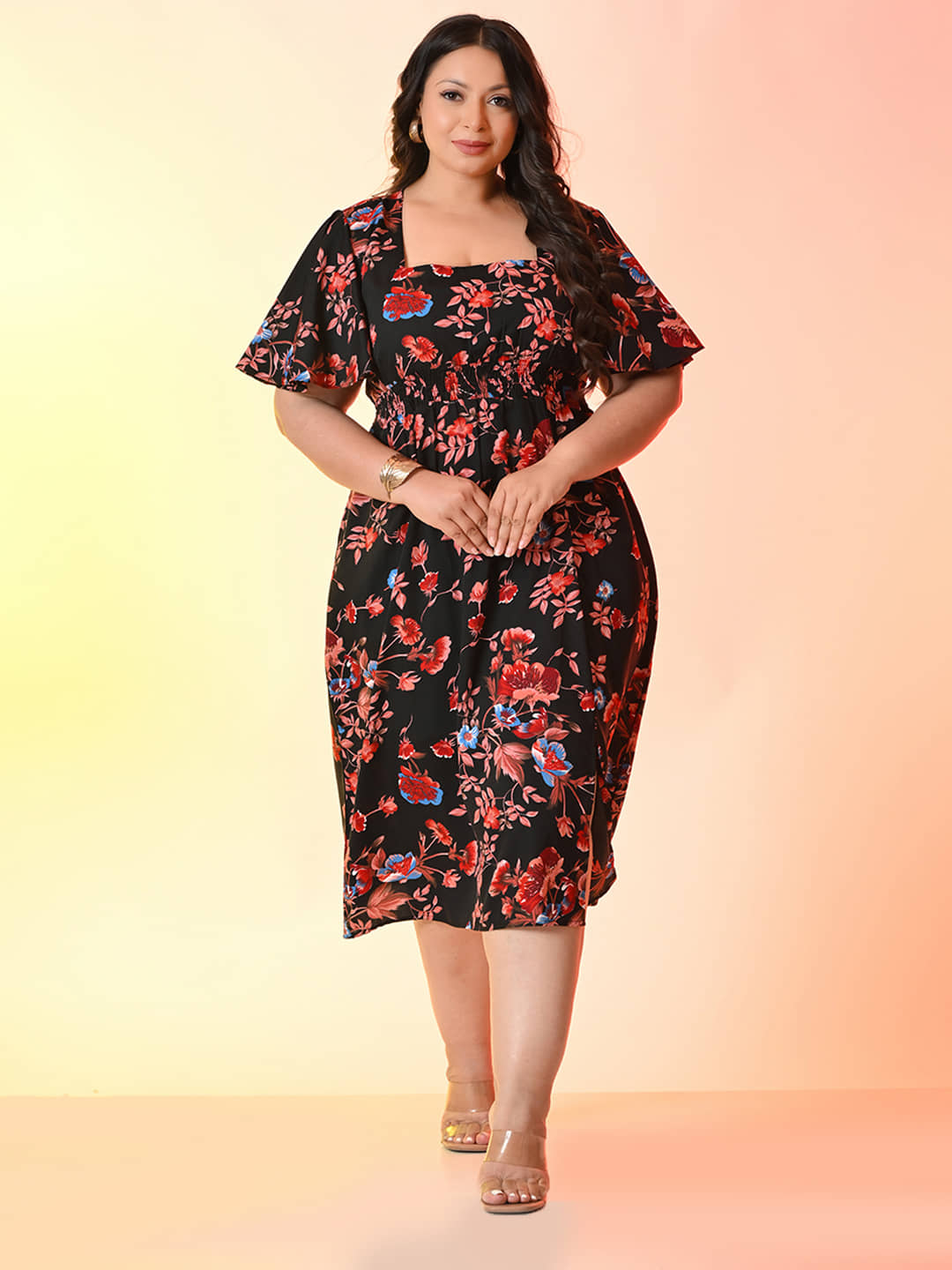 PrettyPlus by Desinoor.com Women Crepe Printed Fit & Flare Dress ( Black )