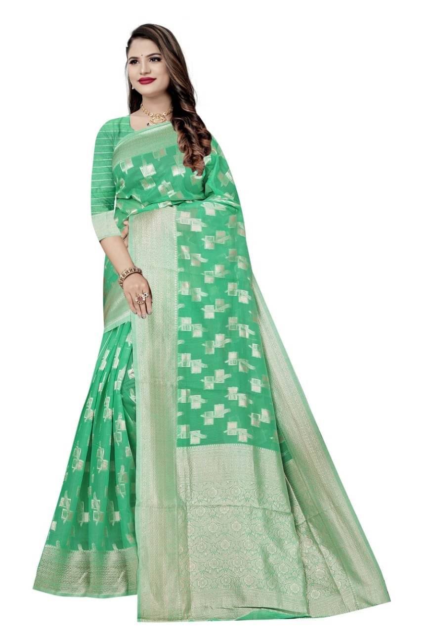 Samai Cotton Embellished Saree With Unstitched Blouse Piece ( Rama ) Samai Cotton Embellished Saree With Unstitched Blouse Piece ( Rama )