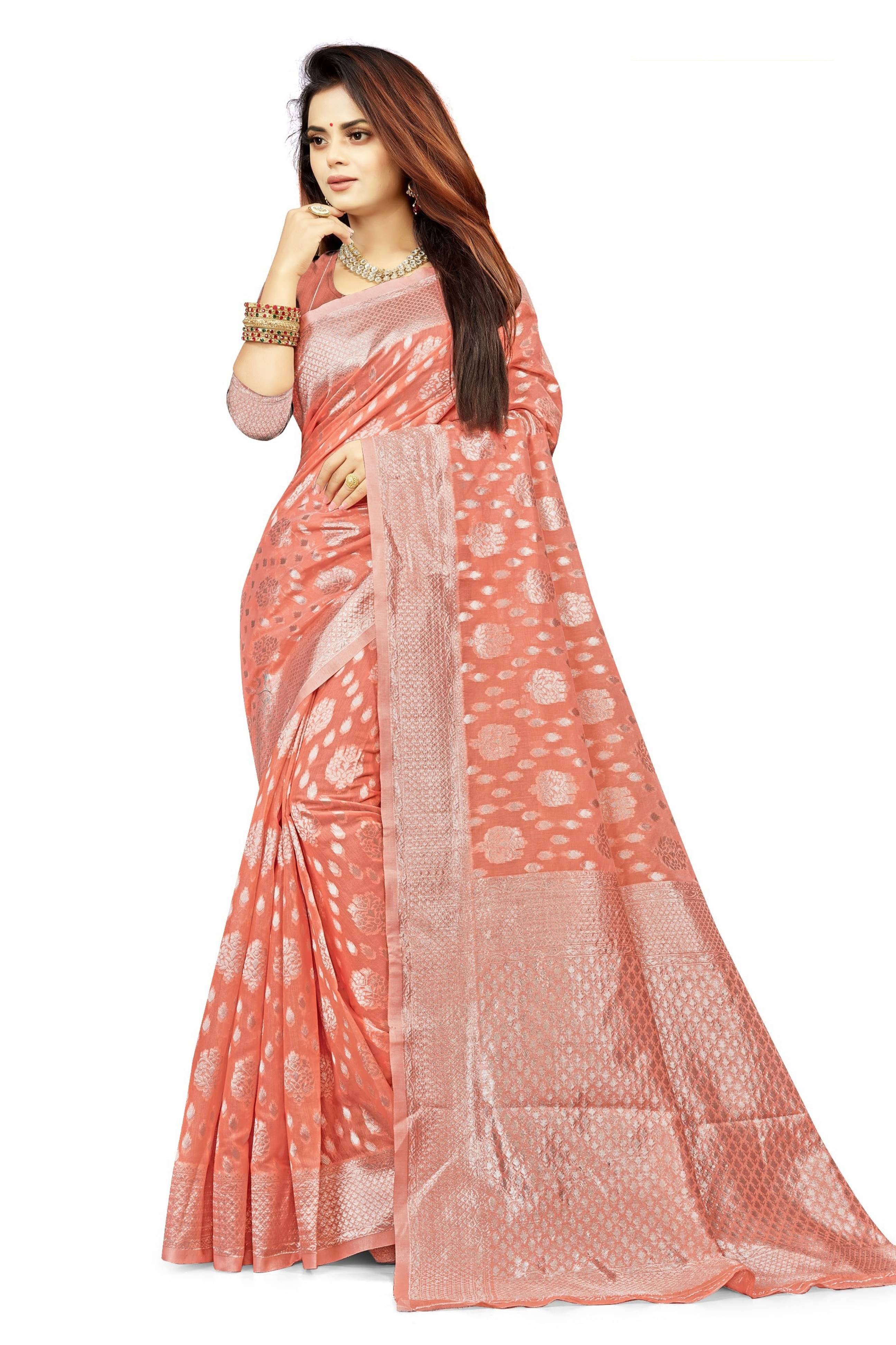 Samai Cotton Embellished Saree With Unstitched Blouse Piece ( Peach ) Samai Cotton Embellished Saree With Unstitched Blouse Piece ( Peach )