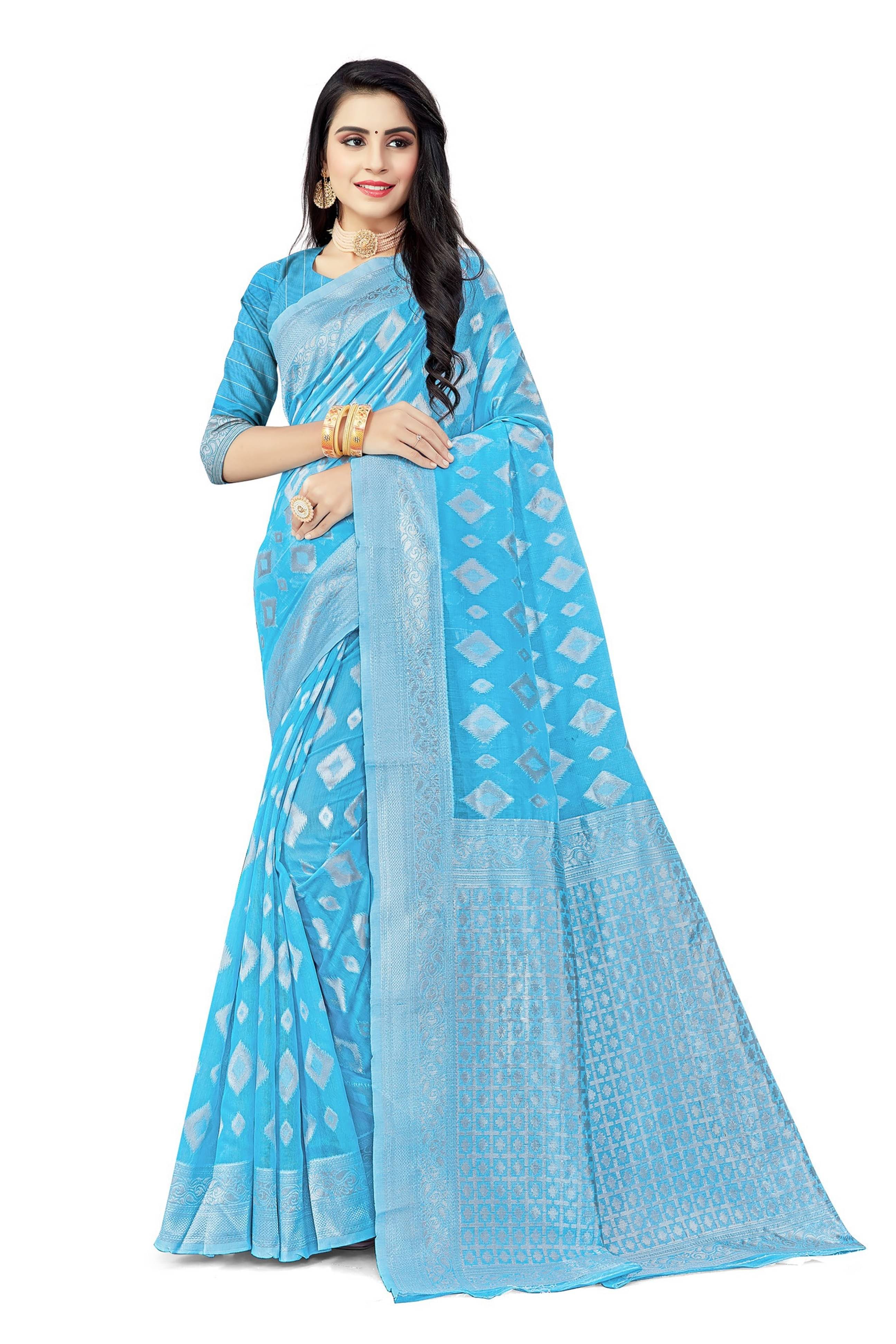    			Samai Cotton Embellished Saree With Unstitched Blouse Piece ( Light Blue )