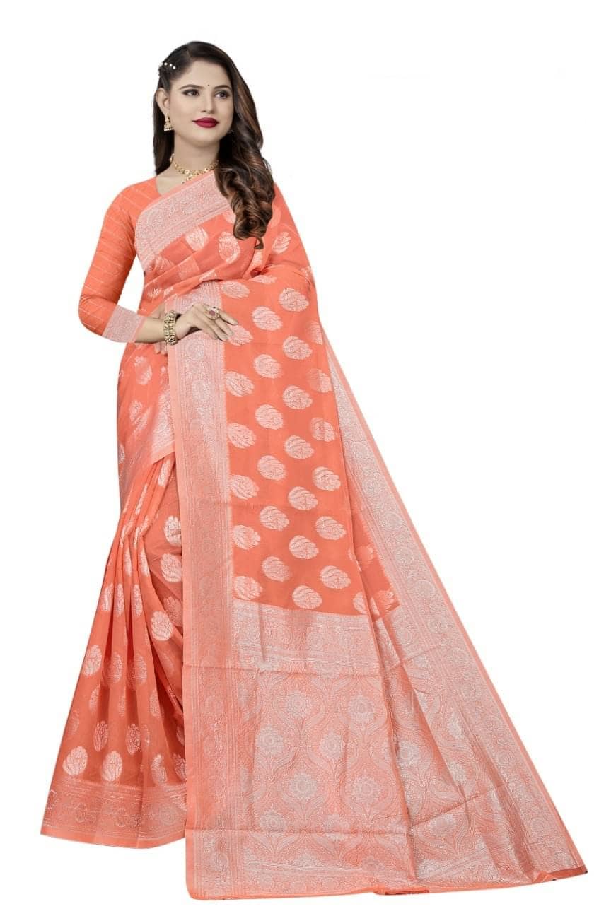 Samai Cotton Woven Saree With Unstitched Blouse Piece ( Peach ) - Sarees | Buy online on ZillyBuy