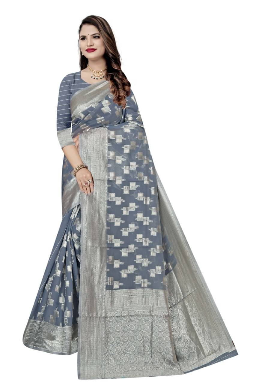 Samai Cotton Woven Saree With Unstitched Blouse Piece ( Grey ) Samai Cotton Woven Saree With Unstitched Blouse Piece ( Grey )