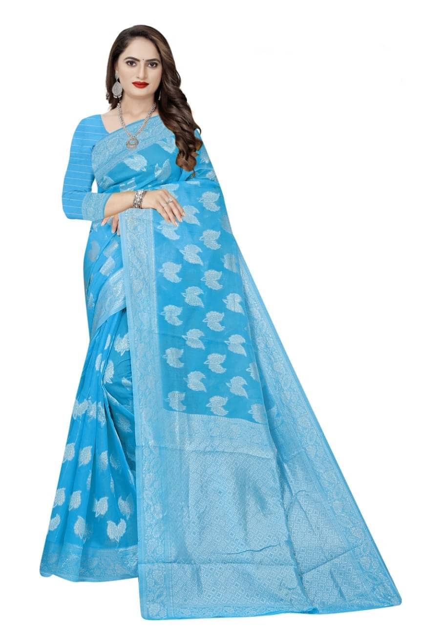Samai Cotton Woven Saree With Unstitched Blouse Piece ( Light Blue ) - Sarees | Buy online on ZillyBuy