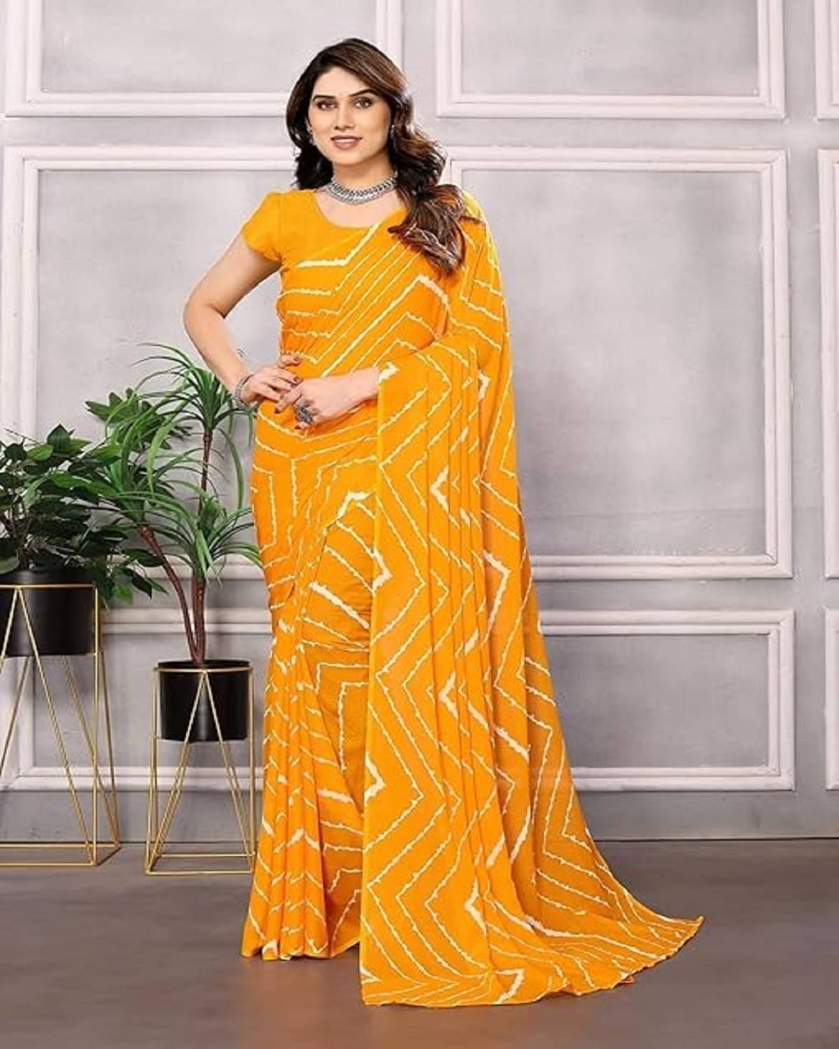     			Samai Georgette Printed Saree With Unstitched Blouse Piece ( Yellow )