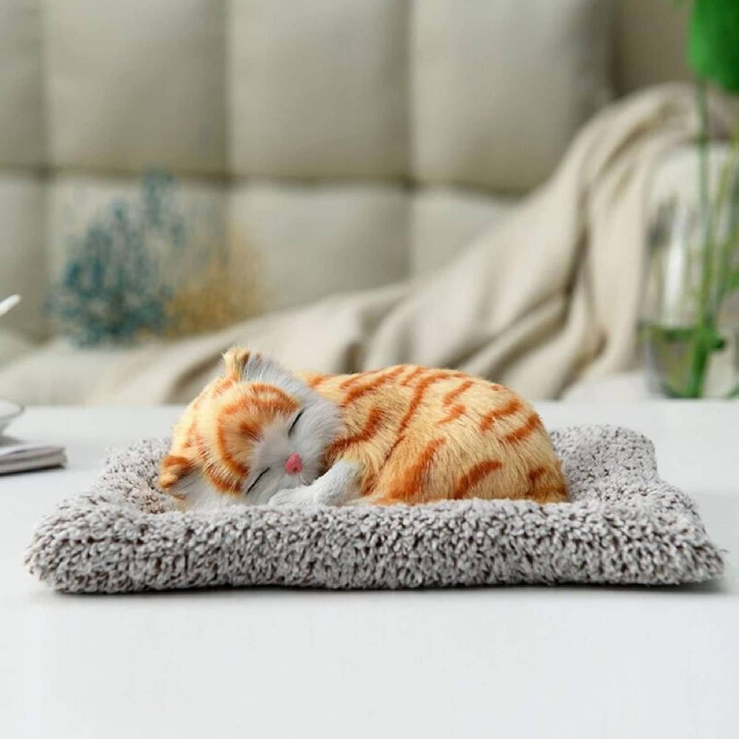     			Sleeping Cat Plush Toy with Press Simulation Sound, Sleeping Cat Stuffed Animal Fur Soft Toys with Sound for Kids Car Dashboard Cat & Office Desk (Tan)