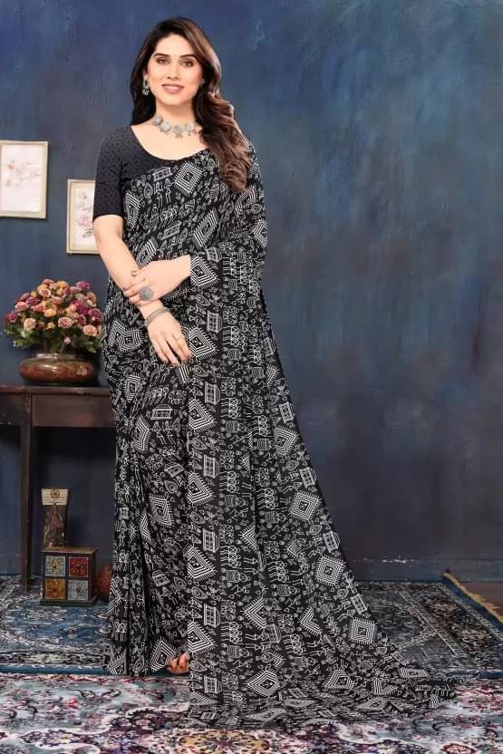     			Suali Georgette Printed Saree With Unstitched Blouse Piece ( Black )