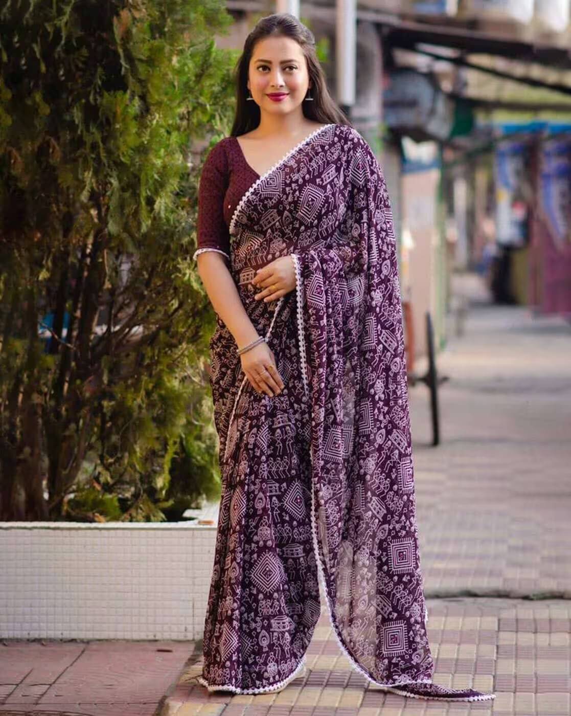 Suali Georgette Printed Saree With Unstitched Blouse Piece ( Wine ) Suali Georgette Printed Saree With Unstitched Blouse Piece ( Wine )