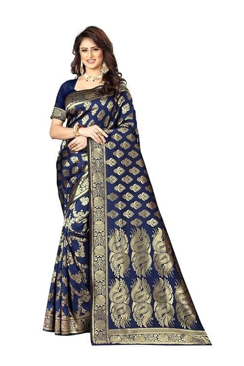     			Suali Silk Woven Saree With Unstitched Blouse Piece ( Navy Blue )