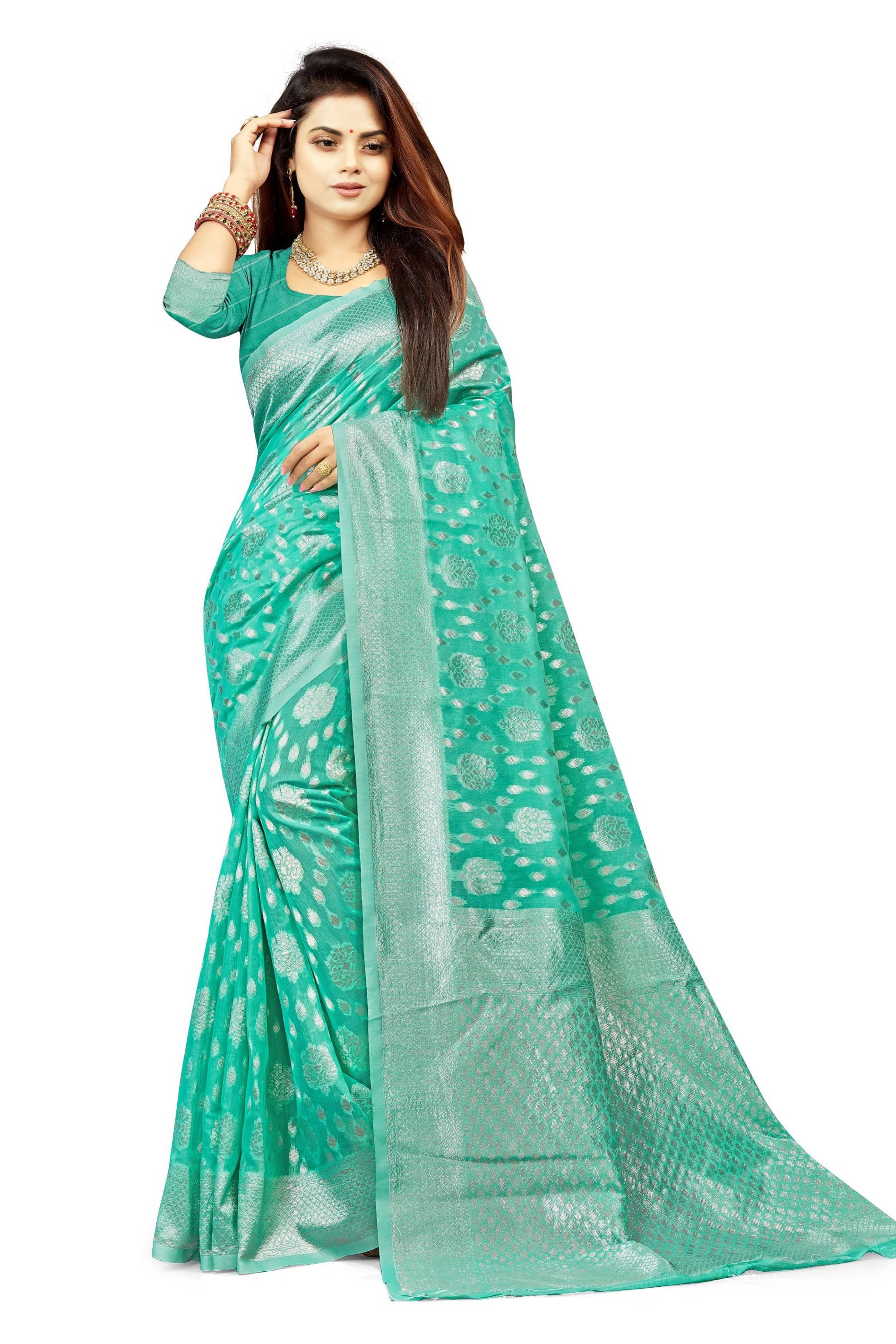 Suntex Cotton Embellished Saree With Unstitched Blouse Piece ( Rama ) Suntex Cotton Embellished Saree With Unstitched Blouse Piece ( Rama )