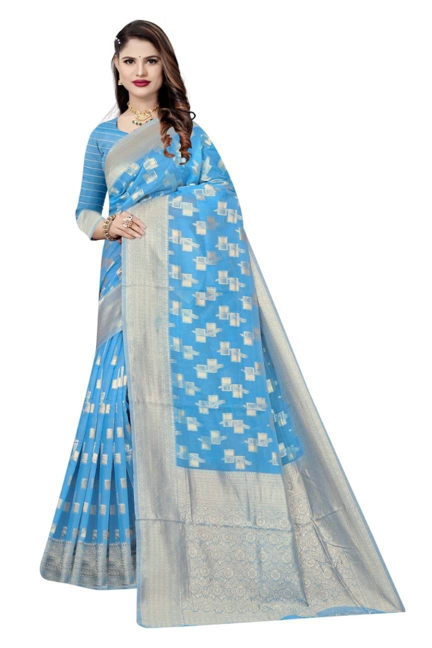 Suntex Cotton Woven Saree With Unstitched Blouse Piece ( Light Blue ) Suntex Cotton Woven Saree With Unstitched Blouse Piece ( Light Blue )