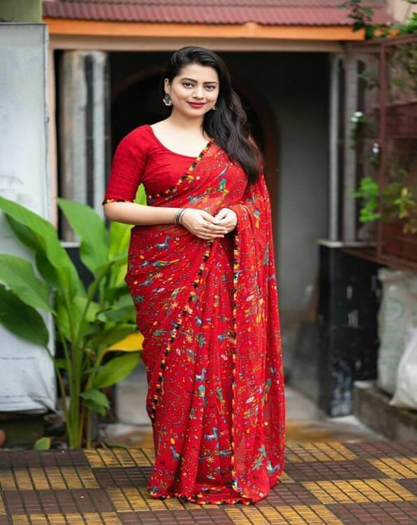Suntex Georgette Printed Saree With Unstitched Blouse Piece ( Red ) Suntex Georgette Printed Saree With Unstitched Blouse Piece ( Red )