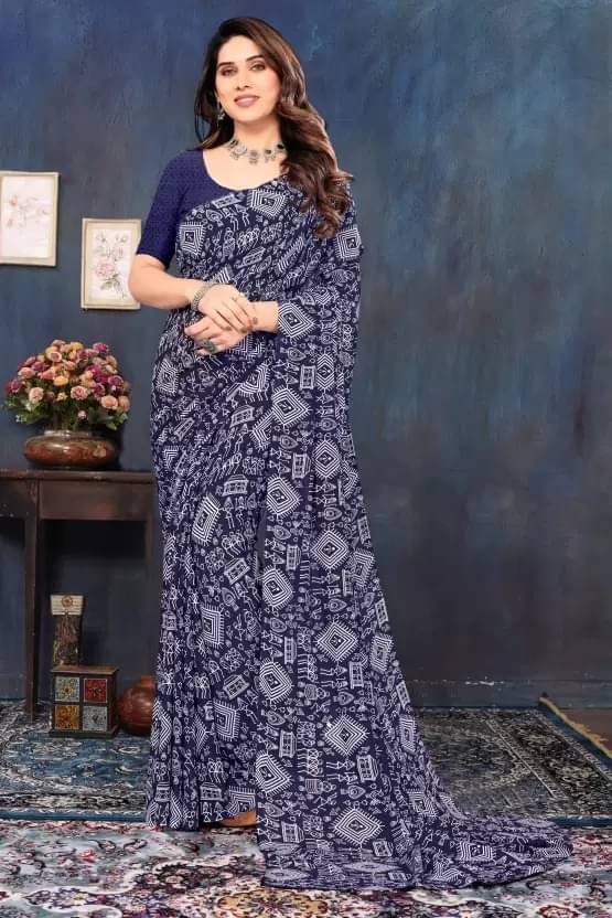     			Suntex Georgette Printed Saree With Unstitched Blouse Piece ( Navy Blue )