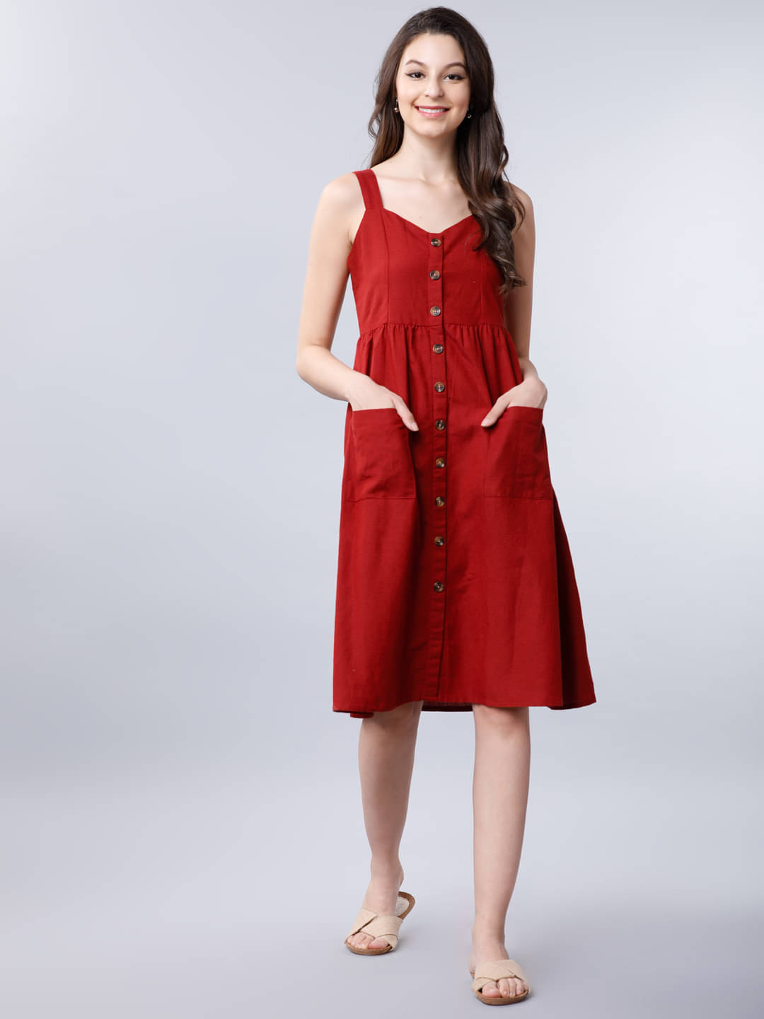     			Tokyo Talkies Women Cotton Blend Solid A-line Dress ( Rust )