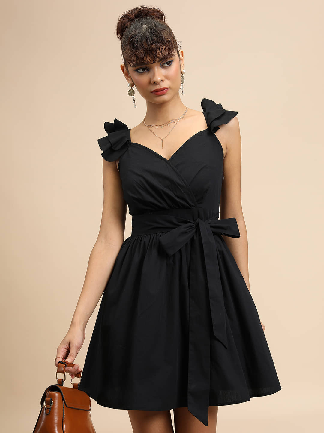 Tokyo Talkies Women Cotton Solid Fit & Flare Dress ( Black )