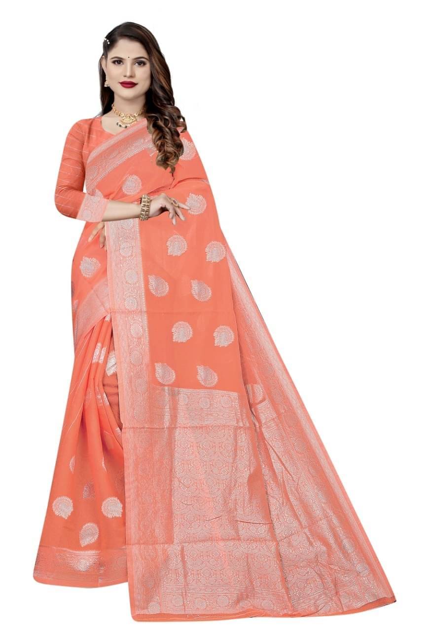 Vkaran Cotton Embellished Saree With Unstitched Blouse Piece ( Peach ) Vkaran Cotton Embellished Saree With Unstitched Blouse Piece ( Peach )